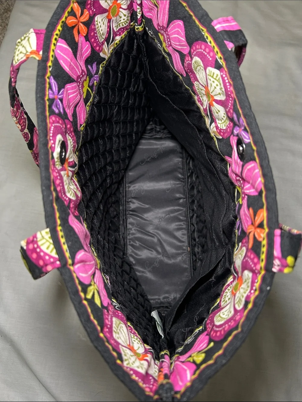 Vera Bradley Black Tote with Pink Floral Print, 15x13